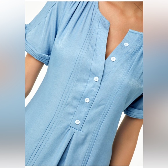 ROTITA ROLL SLEEVE Sz L BLUE WOMENS BUTTON FRONT SPLIT NECK BLOUSE PLEATED BACK - Picture 2 of 10